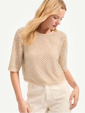 Veronica Beard Novalie Beaded Top in Khaki